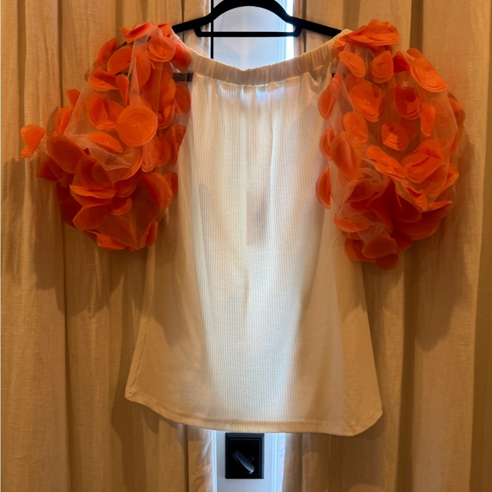 Elegant White Blouse with Orange Floral Sleeves